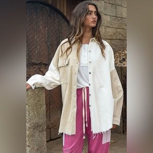 NWT POL Corduroy Oversized Shirt Jacket Button Front Tan Cream Size S